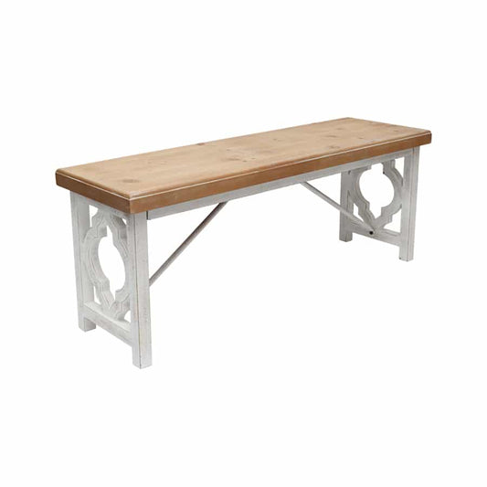 Country French Distressed Blanc Carved Wooden Bench