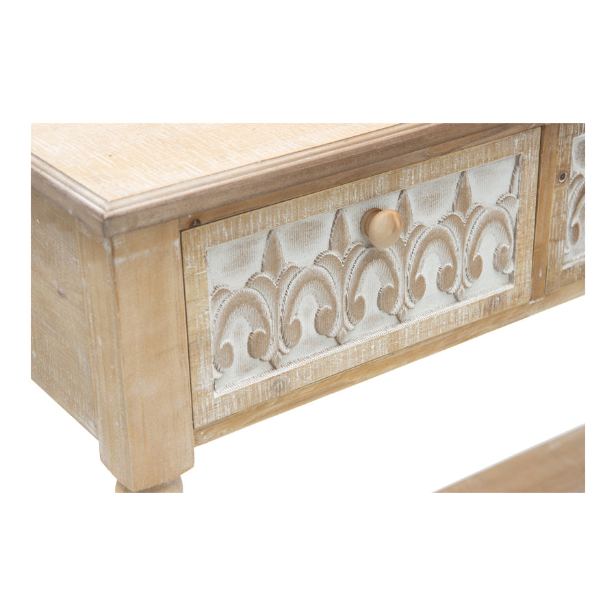 Country French Carved White Wash Drawer Hall Table, Fir Wood