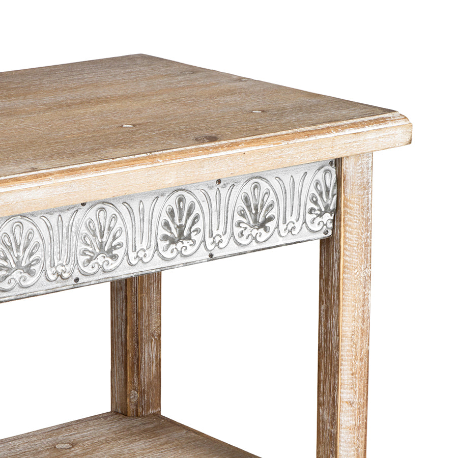 Province Distressed Carved Hall Table with Shelves, Fir Wood