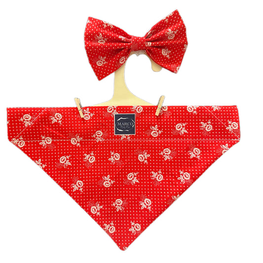 Red Flower Pet Bandanna & Bow Tie Set XS-XL