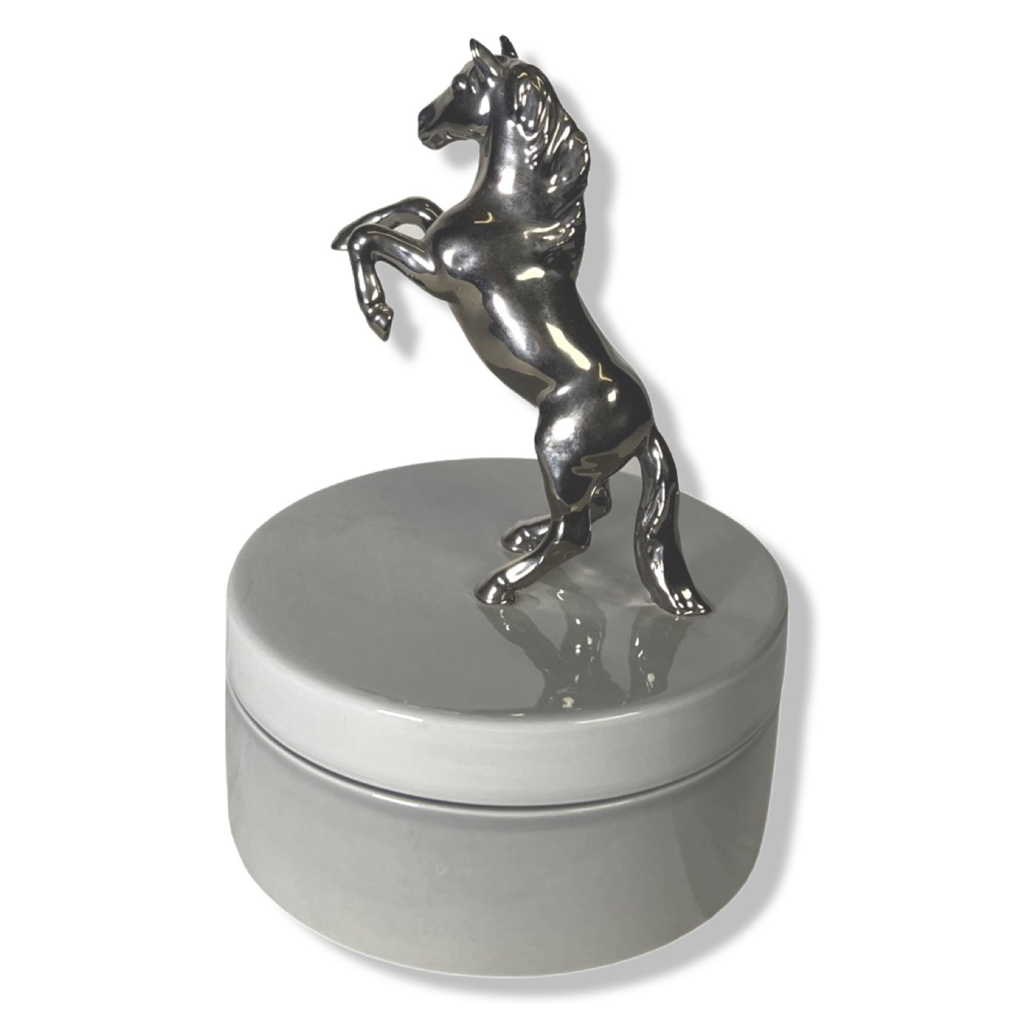 Venetian Dal Prà Ceramic Platinum/ Grey Stallion Trinket Box, Round